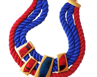 Red and Blue "Directives" Modernist Rope Collar Necklace By Monet, 1980s