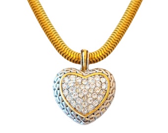Two Tone Pavé Heart Pendant Choker Necklace on Snake Chain, 1990s