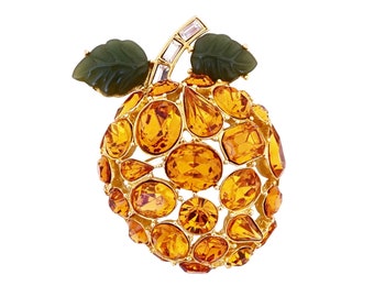 Topaz Crystal Encrusted Apricot Fruit Figural Brooch By Kenneth Jay Lane, 1990s