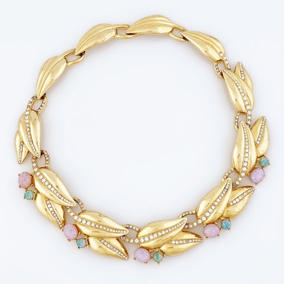 Gold Leaf Link Choker Necklace With Faux Opals By… - image 2
