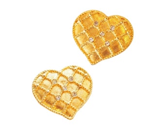 Quilted Heart Earrings With Crystal Accents, 1990s