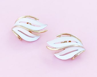 Vintage Gilt & White Enamel Abstract Leaf Earrings By Crown Trifari, 1960s