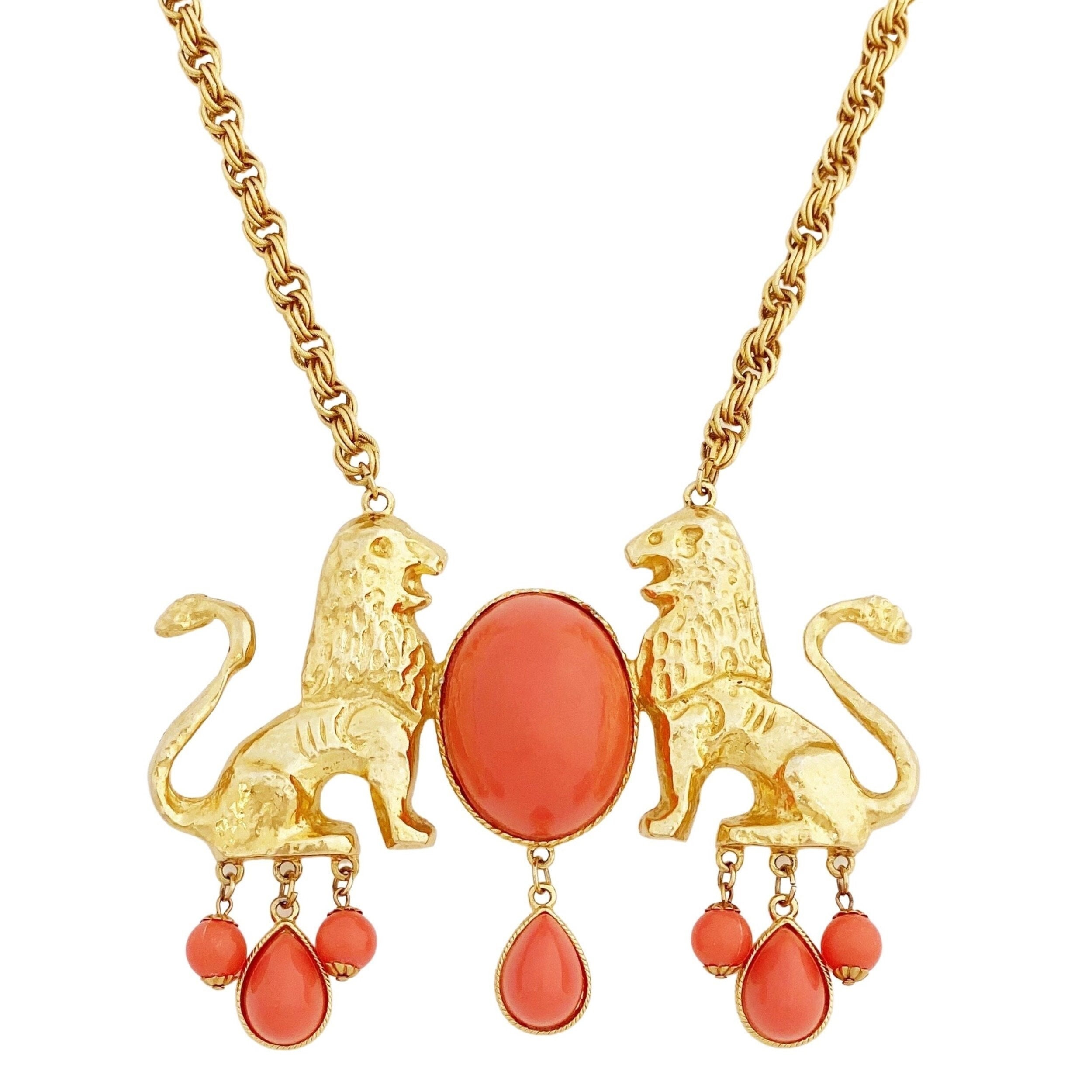 Gilded Twin Lions Statement Necklace With Coral Cabochons by 