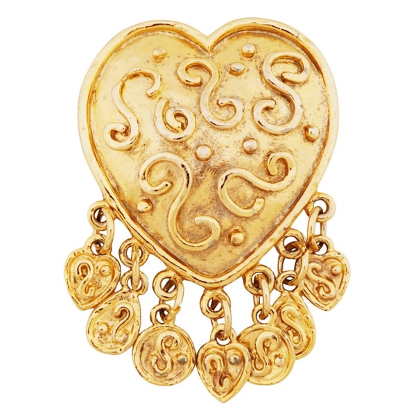 Gilded Heart Brooch With Scroll Details and Dangle Accents By Edouard Rambaud, 1990s