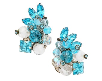 Aqua Blue Crystal Cluster Climber Earrings By Eugene Schultz, 1950s