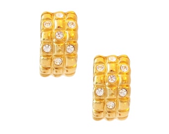Gold Quilted Hoop Earrings With Crystal Details By Avon, 1990s