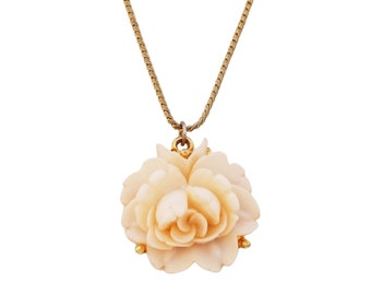 Carved Resin Flower Rose Pendant Necklace, 1950s