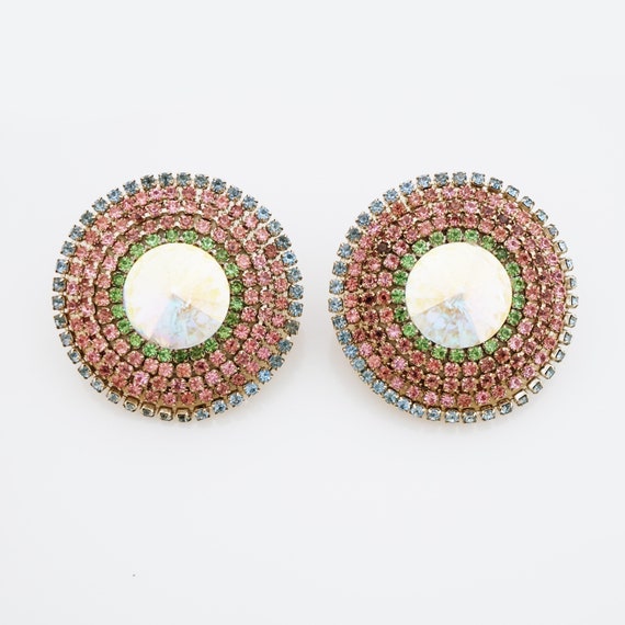 Oversized Pastel Rhinestone Bullseye Statement Ea… - image 2