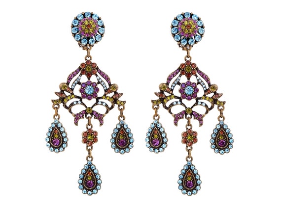 Antique Gold Chandelier Earrings With Swarovski C… - image 1