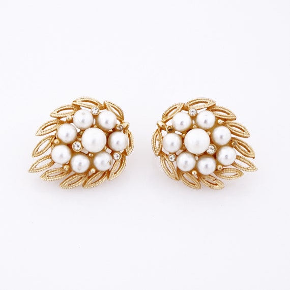 Gold Leaf and Pearl Cluster Earrings By Lisner, 1… - image 2