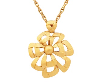 Oversized Satin Gilt Mod Flower Pendant Necklace By Crown Trifari, 1960s