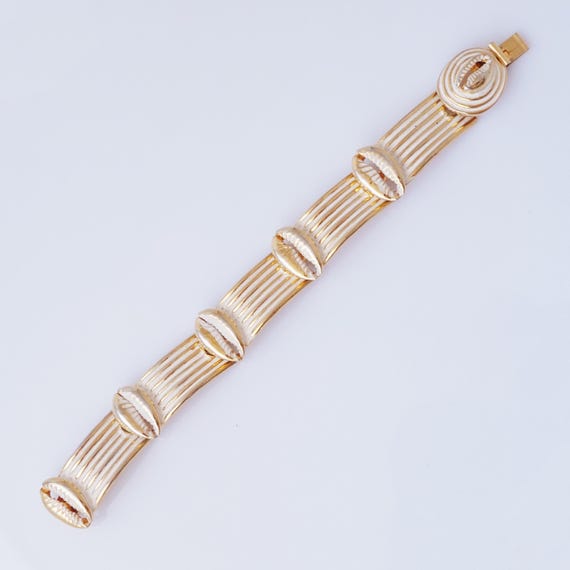 Gilt & White Enamel Seashell Link Bracelet By Fre… - image 3