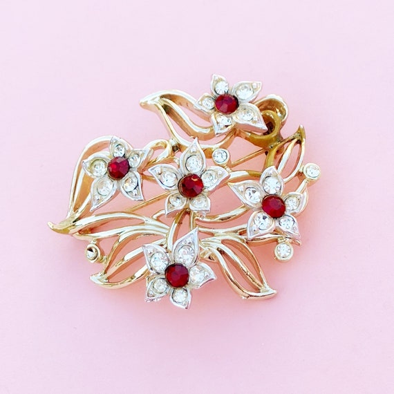 Vintage Two Tone Flower Brooch with Ruby Red Rhin… - image 1