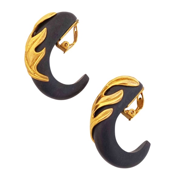 Gilt Leaves Over Wood Half Hoop Statement Earrings By Isabel Canovas, 1980s