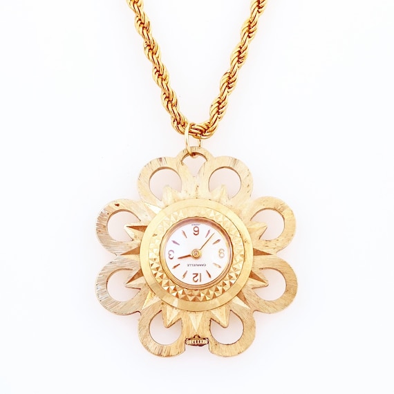 Mid Century Floral Watch Pendant Necklace By Cara… - image 5