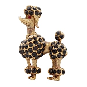 Antique Gold Poodle Brooch With Black Rhinestones By BSK, 1960s