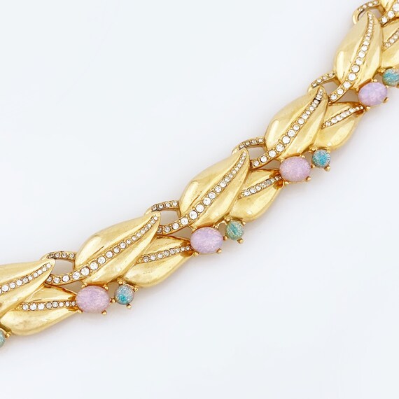 Gold Leaf Link Choker Necklace With Faux Opals By… - image 4