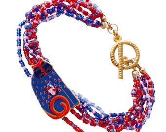 Beaded Multistrand Enameled Cat Toggle Bracelet By Laurel Burch, 1980s