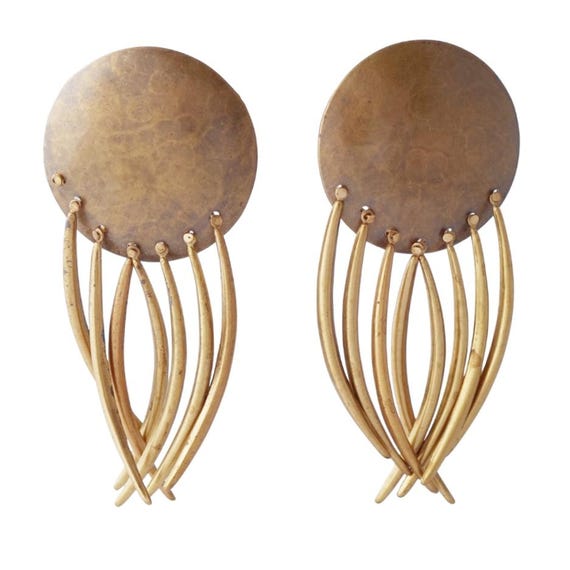 Oversized Hammered Disc Dangle Statement Earrings… - image 1