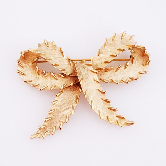 Textured Gold Bow Brooch With Stitch Detail By Cr… - image 2