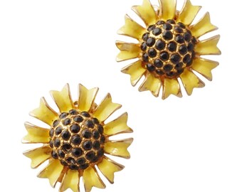 Enameled Sunflower Earrings With Black Crystal Pavé By Weiss, 1960s