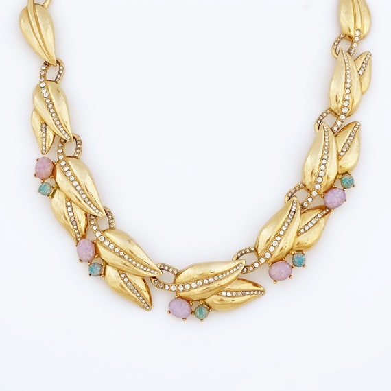 Gold Leaf Link Choker Necklace With Faux Opals By… - image 3