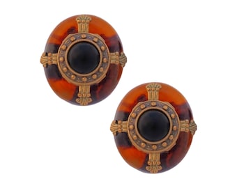 Tortoise Lucite Oval Earrings With Mounted Onyx Cabochons, 1970s