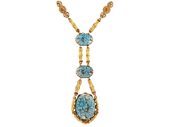 Bamboo Link Chain Necklace With Faux Carved Turquoise By Goldette, 1970s