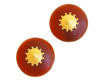 Oversized Etruscan Style Butterscotch Resin Button Earrings By Liz Claiborne, 1980s