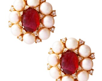 Pearl, Crystal and Ruby Statement Earrings By Grossé For Christian Dior, 1980s