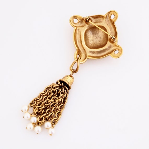 Gilded Black Enamel Brooch With Chain & Pearl Tas… - image 3