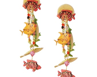 Neon Fish Dangle Statement Earrings By Lunch at the Ritz, 1980s
