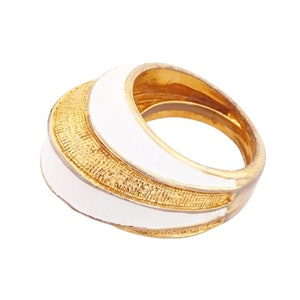 Gilt and White Enamel Striped Dome Statement Ring (Size 5) By Pauline Rader, 1970s