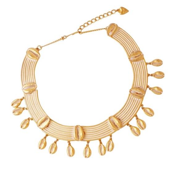 Gilt & White Enamel Seashell Dangle Choker Neckla… - image 1