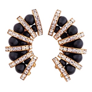 Faux Onyx Curved Statement Earrings With Crystal Rhinestones, 1980s