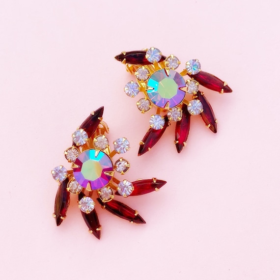 Vintage Aurora Borealis & Ruby Red Rhinestone Statement Earrings by Beau Jewels, 1960s