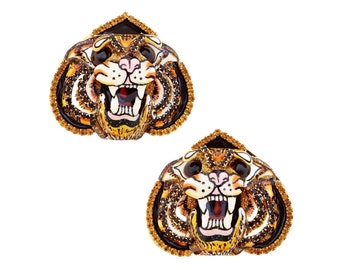 Emaille gelaagde Tiger Head Statement Oorbellen door lunch in The Ritz, jaren 1990