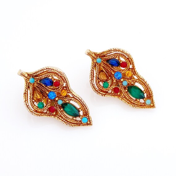 Braided Filigree Jewel Tone Rhinestone Leaf Earri… - image 3