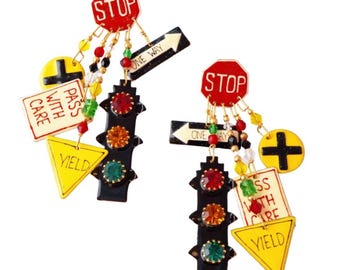 Traffic Signs "Signals" Enameled Statement Dangle Earrings By Lunch at the Ritz, 1980s