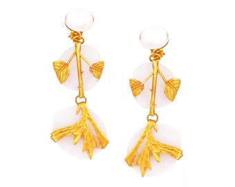 Glass Disc Drop Earrings with Gold Leafy Vine Wrap By Philippe Ferrandis, 1980s