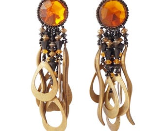 Black and Brass Beaded Dangle Earrings By Chipita, 1980s