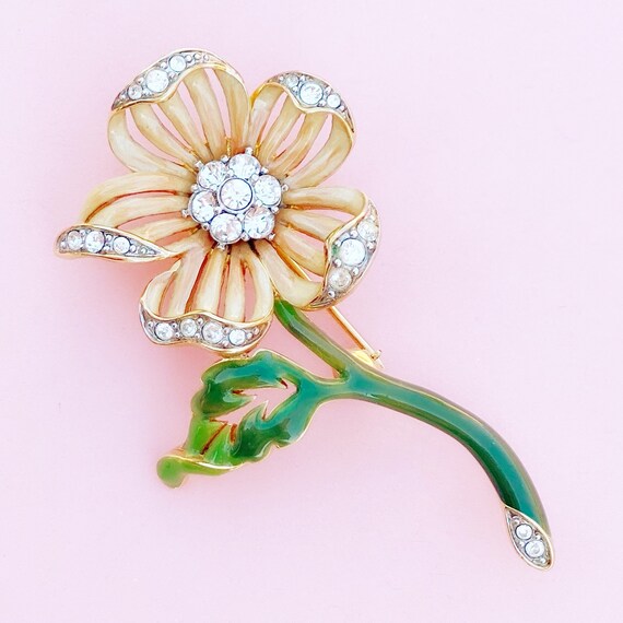 Vintage Enameled Peach Flower Figural Brooch with… - image 4