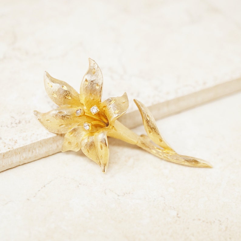 Vintage Gilded Lily Flower Figural Brooch with Crystal Rhinestones by Erwin Pearl 1990s