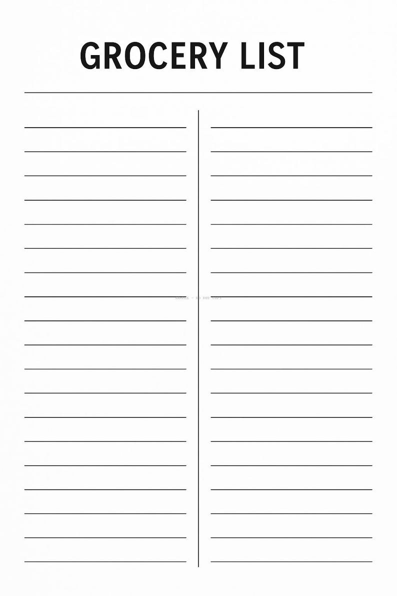 Pu&ograve; includere: Un blocco note bianco per una lista della spesa, con le parole "GROCERY LIST" in grassetto nero in alto. Il blocco note ha linee orizzontali per la scrittura ed &egrave; diviso in due colonne.