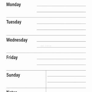 Pu&ograve; includere: Un pianificatore settimanale bianco con testo nero. Le parole "WEEKLY PLANNER" sono in alto. Sotto ci sono i giorni della settimana: luned&igrave;, marted&igrave;, mercoled&igrave;, venerd&igrave; e domenica. C'&egrave; una sezione per le note.