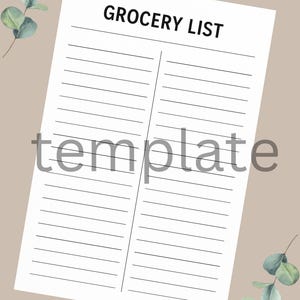 Pu&ograve; includere: Un modello di lista della spesa bianco con le parole "GROCERY LIST" in nero in alto. Il modello ha linee orizzontali per la scrittura e si trova su uno sfondo beige con rametti di eucalipto ad acquerello.