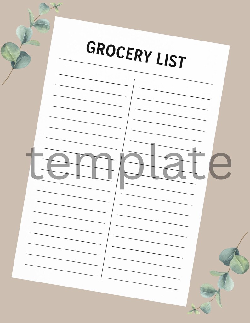 Pu&ograve; includere: Un modello di lista della spesa bianco con le parole "GROCERY LIST" in nero in alto. Il modello ha linee orizzontali per la scrittura e si trova su uno sfondo beige con rametti di eucalipto ad acquerello.