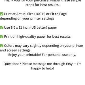 Puede incluir: Documento imprimible blanco con texto negro que proporciona instrucciones de impresi&oacute;n. Las instrucciones incluyen imprimir a tama&ntilde;o real, usar papel de 21,6 x 27,9 cm e imprimir en papel de alta calidad. El texto tambi&eacute;n menciona variaciones de color.