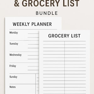 Pu&ograve; includere: Un pacchetto di pianificatore settimanale e lista della spesa bianchi. Il pianificatore settimanale ha sezioni per ogni giorno della settimana, pi&ugrave; una sezione note. La lista della spesa ha spazi a righe per gli articoli. Il testo "WEEKLY PLANNER & GROCERY LIST BUNDLE" &egrave; in alto.