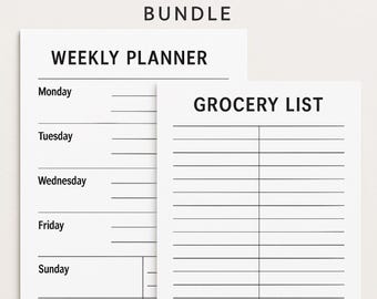 Planificador semanal minimalista y lista de compras / PDF imprimible / Tamaño carta A4 (EE. UU.) / Descarga instantánea